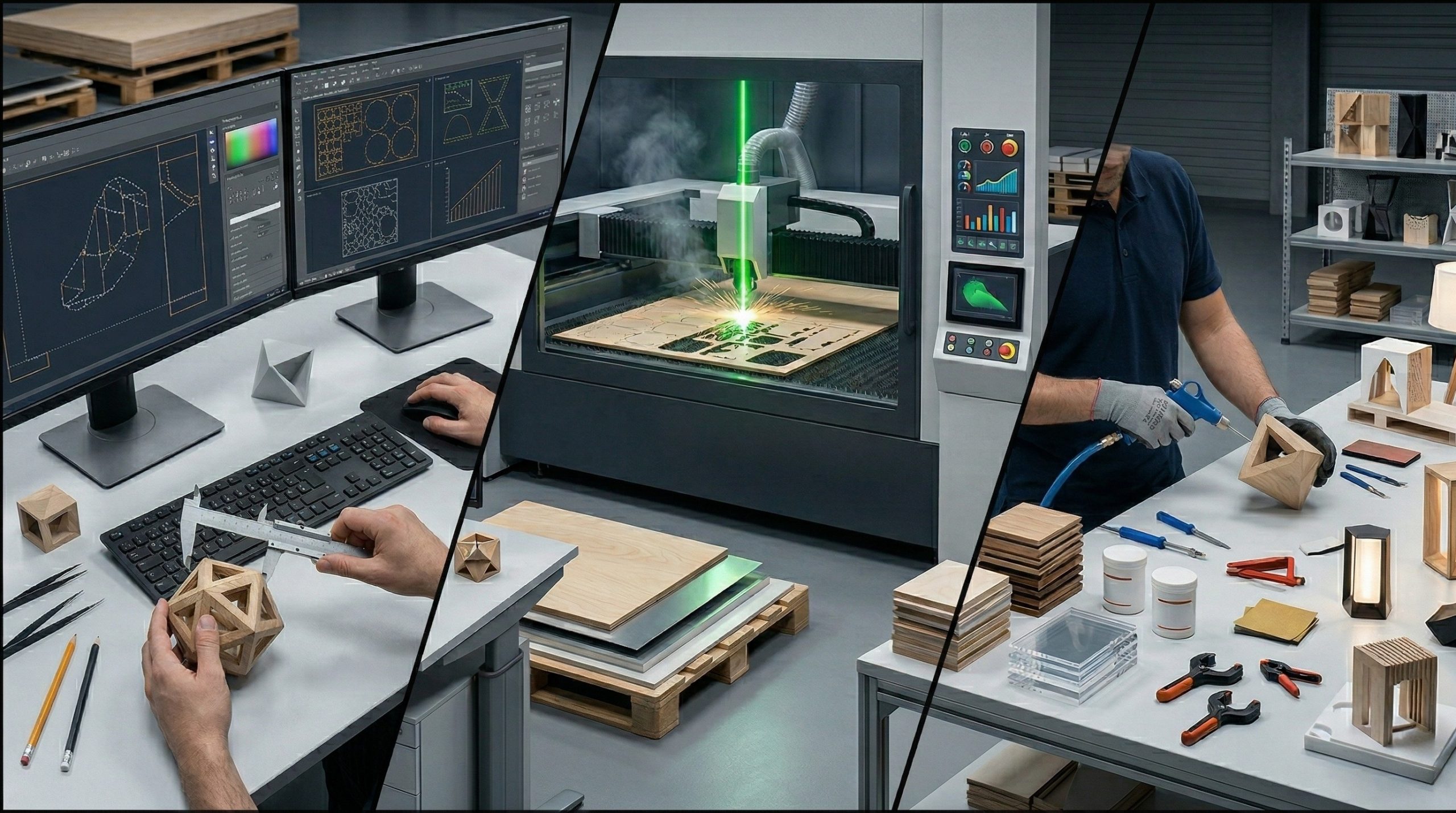 Fasi del processo: progettazione CAD, taglio laser ad alta precisione e assemblaggio manuale.