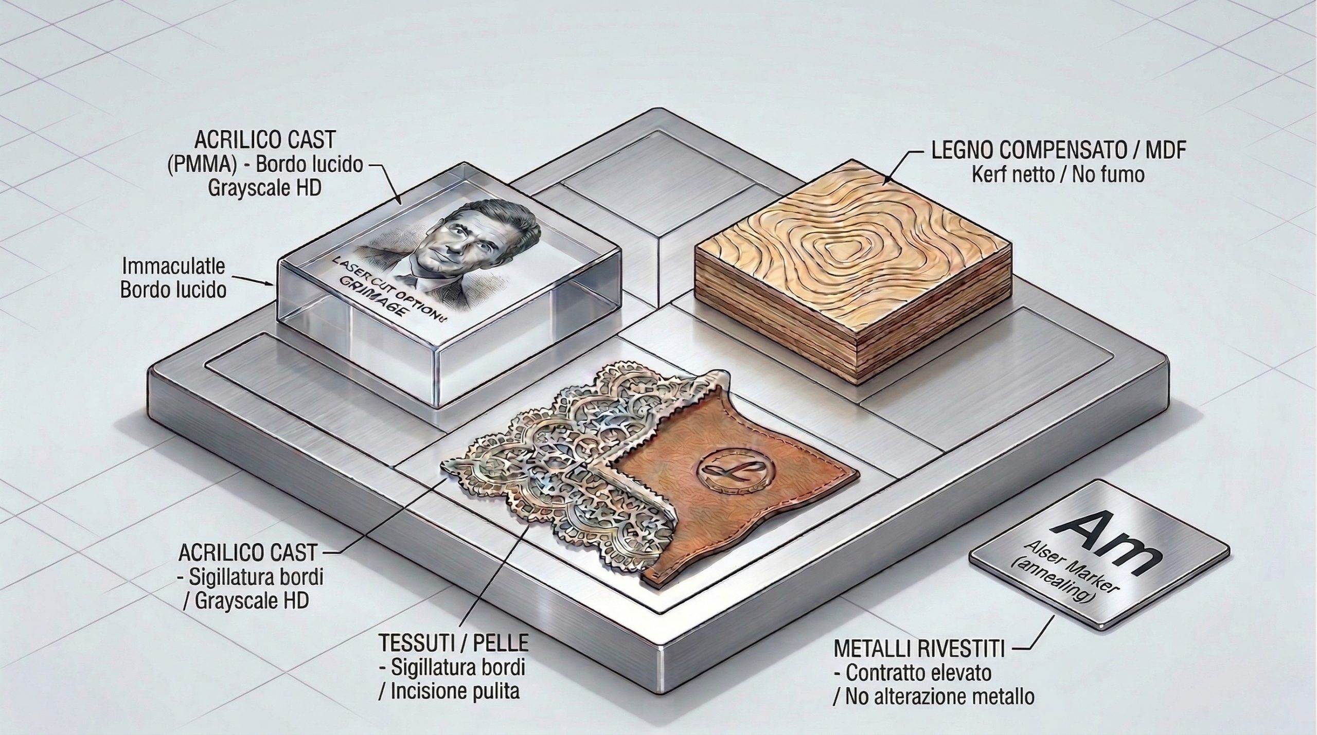 Campioni di materiali lavorati: acrilico lucido, legno stratificato, pelle incisa e metallo anodizzato.