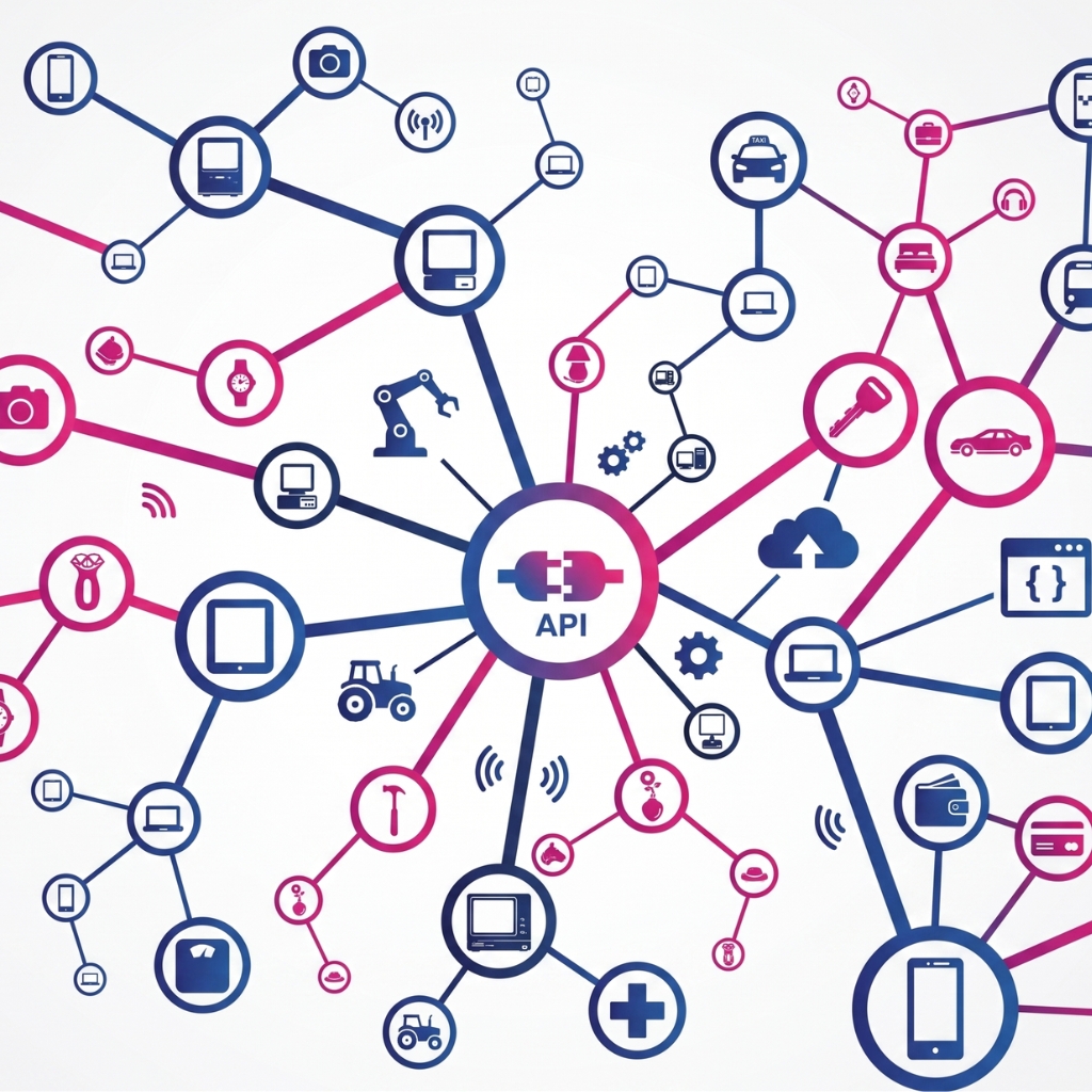 Rappresentazione visiva del collegamento tramite API tra i servizi dati OpenAPI e i software gestionali, CRM o ERP già esistenti in azienda.